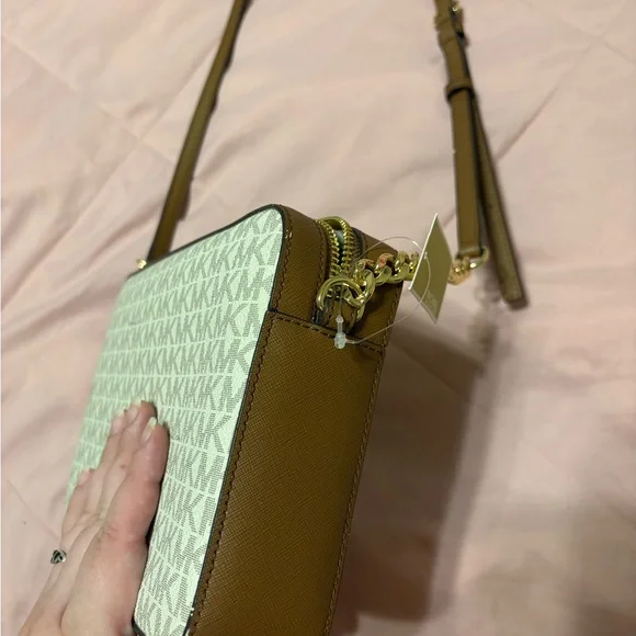 Michael Kors White and Brown Crossbody Bag with Gold-Tone Hardware - Picture 9 of 10